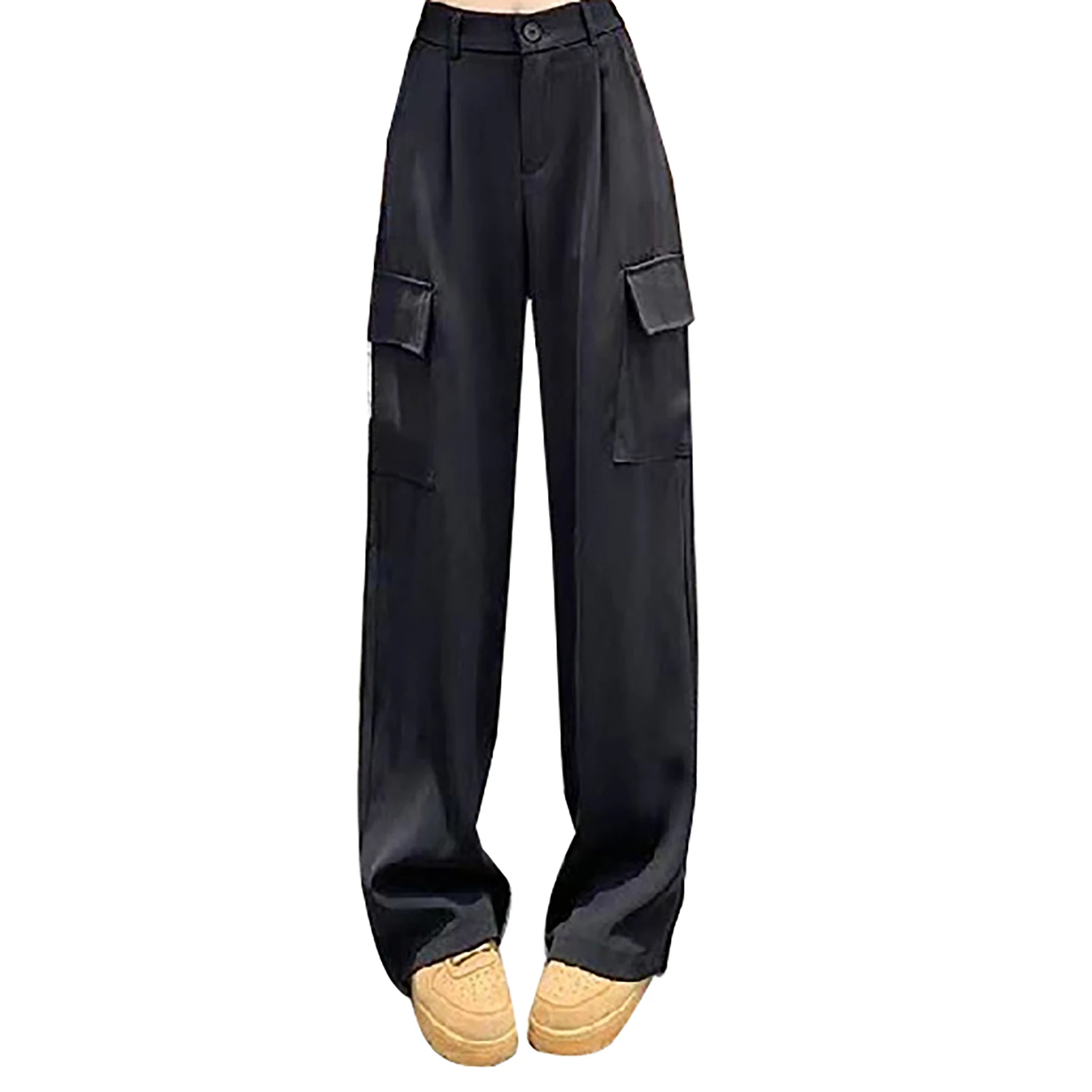 Woman Wide Leg Cargo Pants Breathable Loose Fit Black Trousers for Traveling Sports Daily Wear