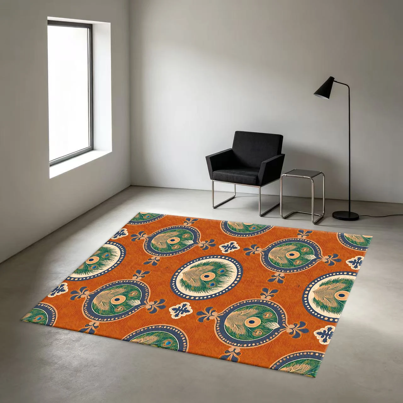 Boho Vintage Peacock Feather Ornament Pattern Carpet Flooring Non‑Slip Printed Area Rug for Living Room Bedroom Home Floor Decor