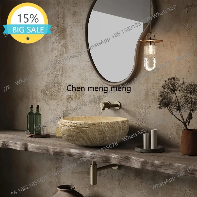 

L07 Vintage Round Travertine Vessel Sink, Beige Mid-century Modern Console Basin for Hotel Villa Bathroom, Customizable