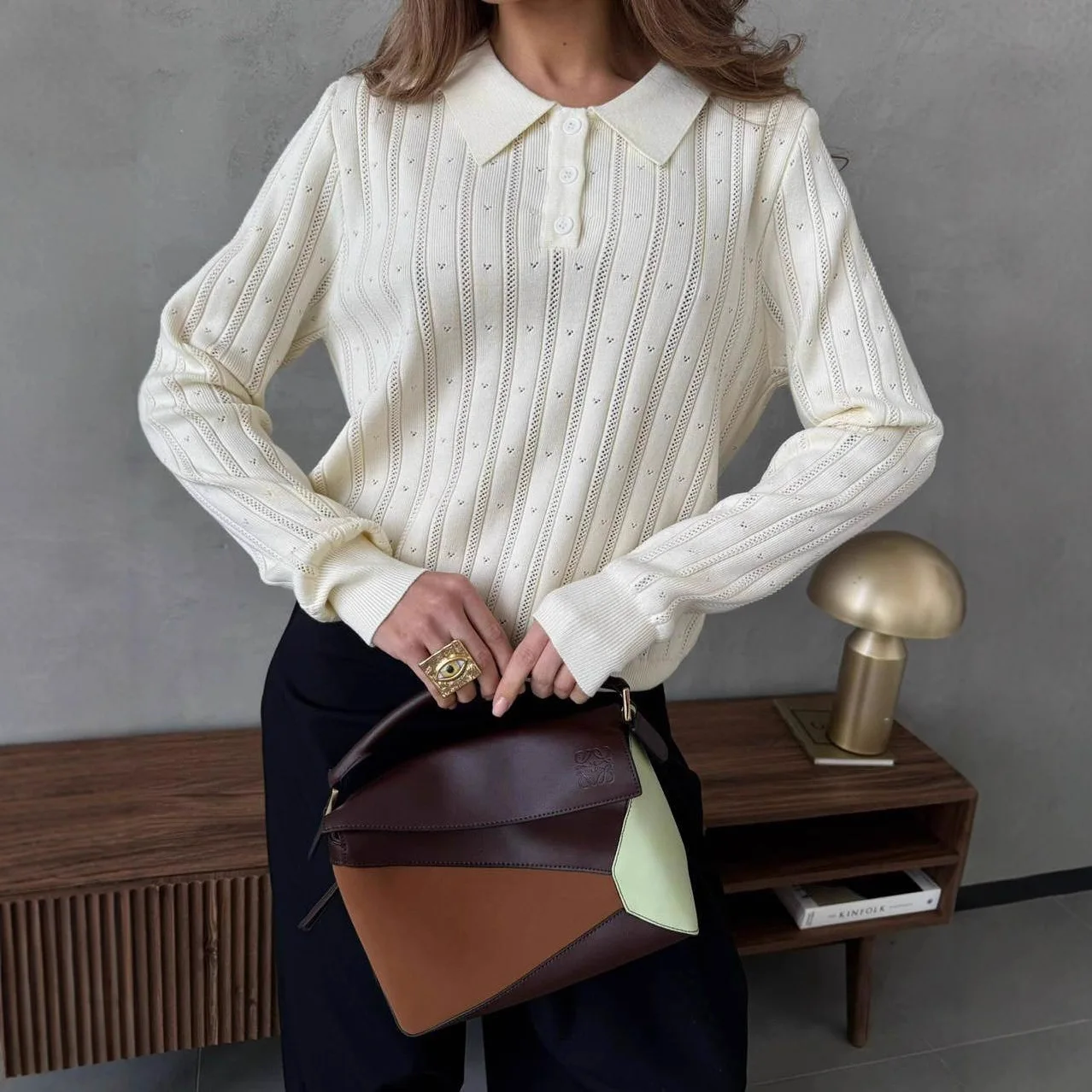 

Женский трикотажный свитер-поло с жаккардовым узором, свободного кроя, с длинным рукавом, на все сезоны, 2026