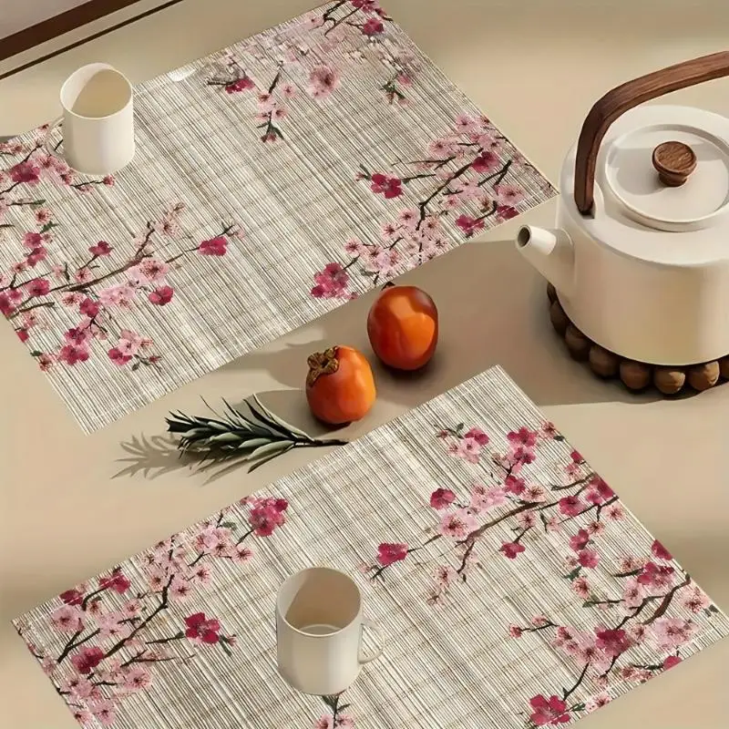 1pcs Japanese-Inspired Blossoms & Bamboo Placemats | Square Linen Table Mats With Muted Pink Cherry Blossoms