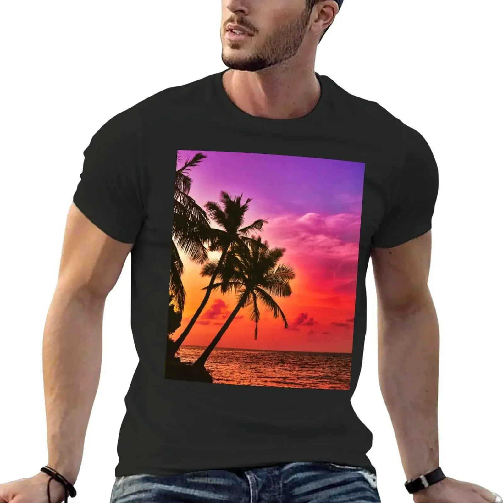 

New Tropical Sunset Palm Trees Purple and Orange T-Shirt summer tops shirts graphic tees Men's t-shirt