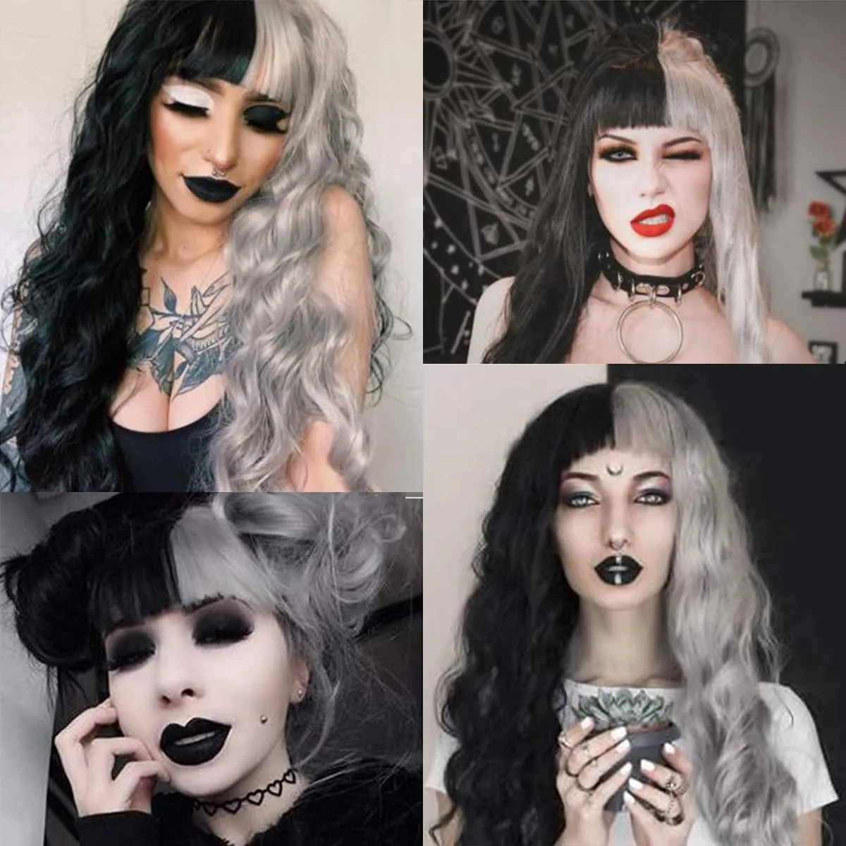 วิกผมสังเคราะห์ผมยาวหยิกเป็นลอนสีดำและสีขาว ลอนใหญ่ สำหรับใช้ในชีวิตประจำวัน งานปาร์ตี้วันหยุด ฮาโลวีน พร้อมที่คาดผมเข้าชุด