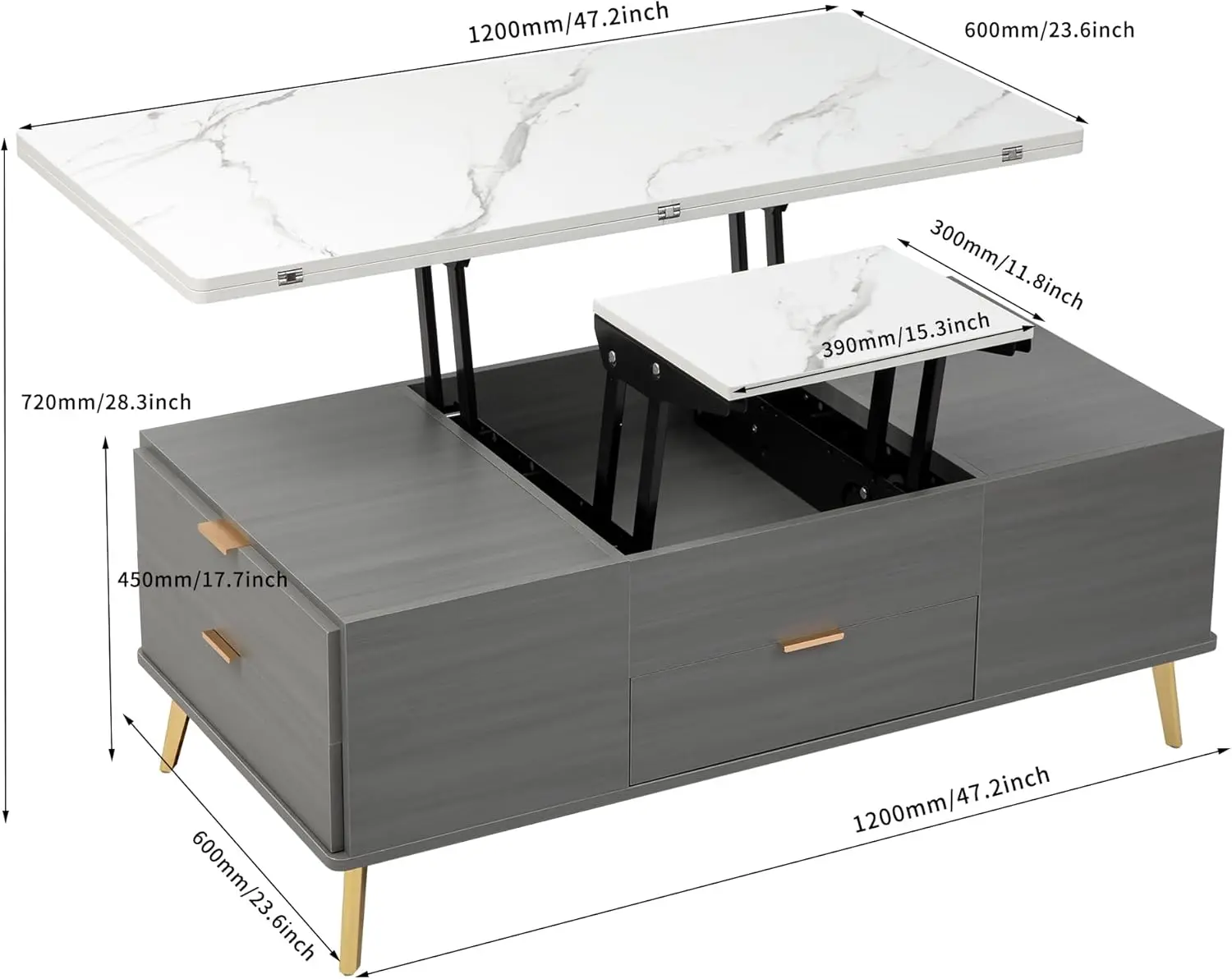 Tavolo multifunzionale moderno da caffè con piano elevatore con cassetti, 47.24 '', bianco + grigio