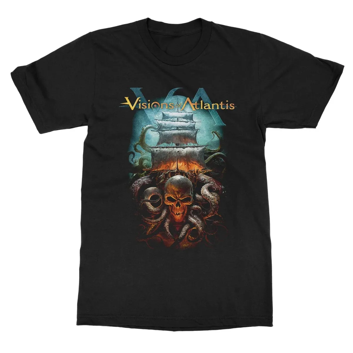 Visions of Atlantis Graphic T Shirt, Front Pirates II Armada Moon Sea Female Pirate Burning Warship Epic Art Print T Shirt