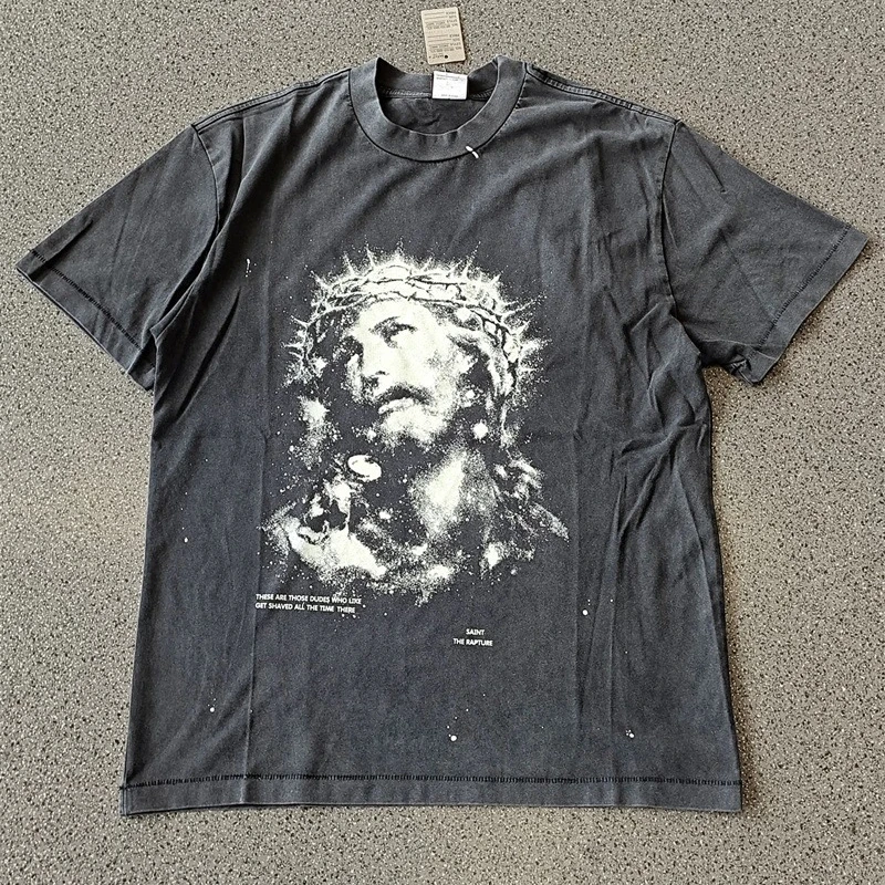 

JESUS Night Light Print Saint Michael Men Short Sleeves Pure Cotton Black Washed Women T Shirts Top Tees