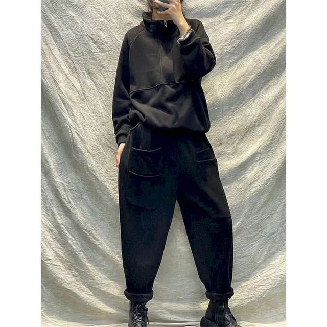 Cotton Pants Set Solid Casual Long Sleeve Hoodies and Elastic Waist Harem Pants Plush and Thickened Two Piece Sets Women Outfits AliExpress