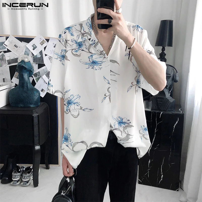 

Fashion Well Fitting Tops INCERUN Men's Floral Print Pattern Shirts Casual Streetwear Male Loose Short Sleeved Blouse S-5XL 2024