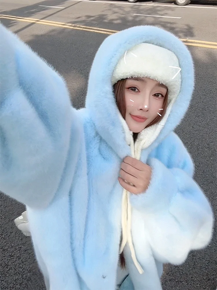 Morbido e soffice vestibilità ampia con cappuccio dimagrante caldo pelliccia sintetica azzurro anti-età cappello ecologico Jaet cappotto invernale