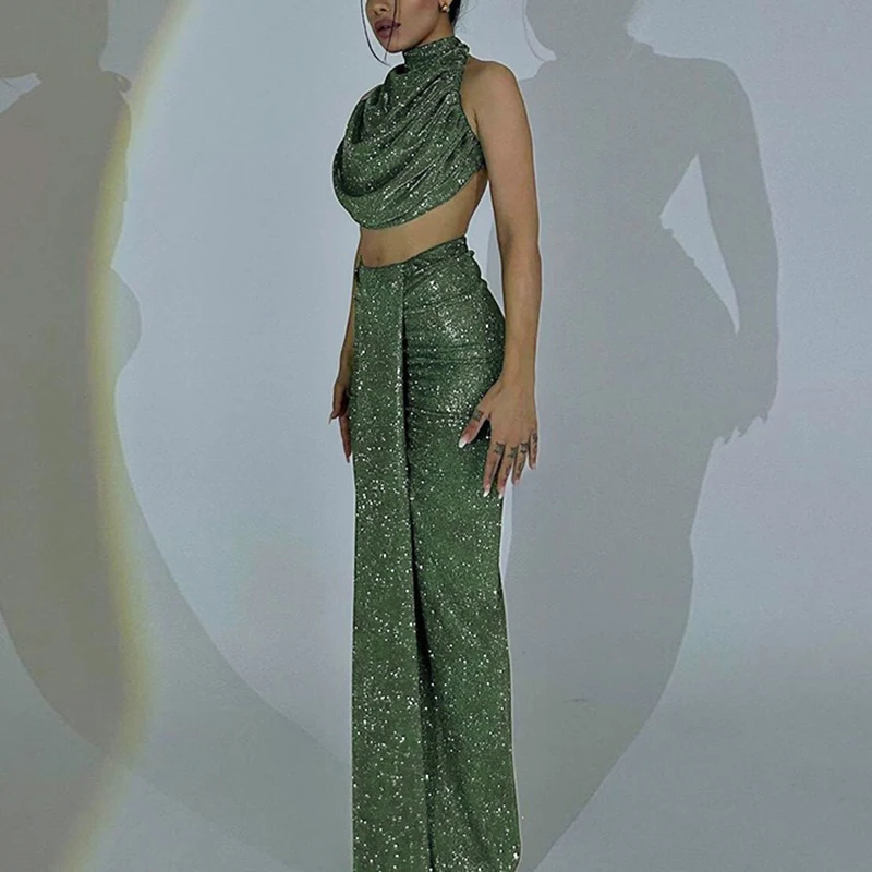 Elegant Halter Pile Collar Crop Top & Skirt Outfits Fashion Skinny Hight Waist Solid Suit Sexy Sleeveless Bright Silk Slim Sets