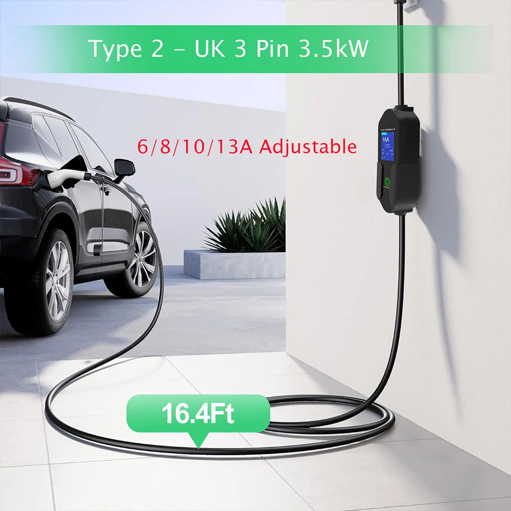 6/8/10/13A EV Charger UK Plug Portable 3.5KW Type 2 EV Charging Cable Wallbox OLED display for Electric Car