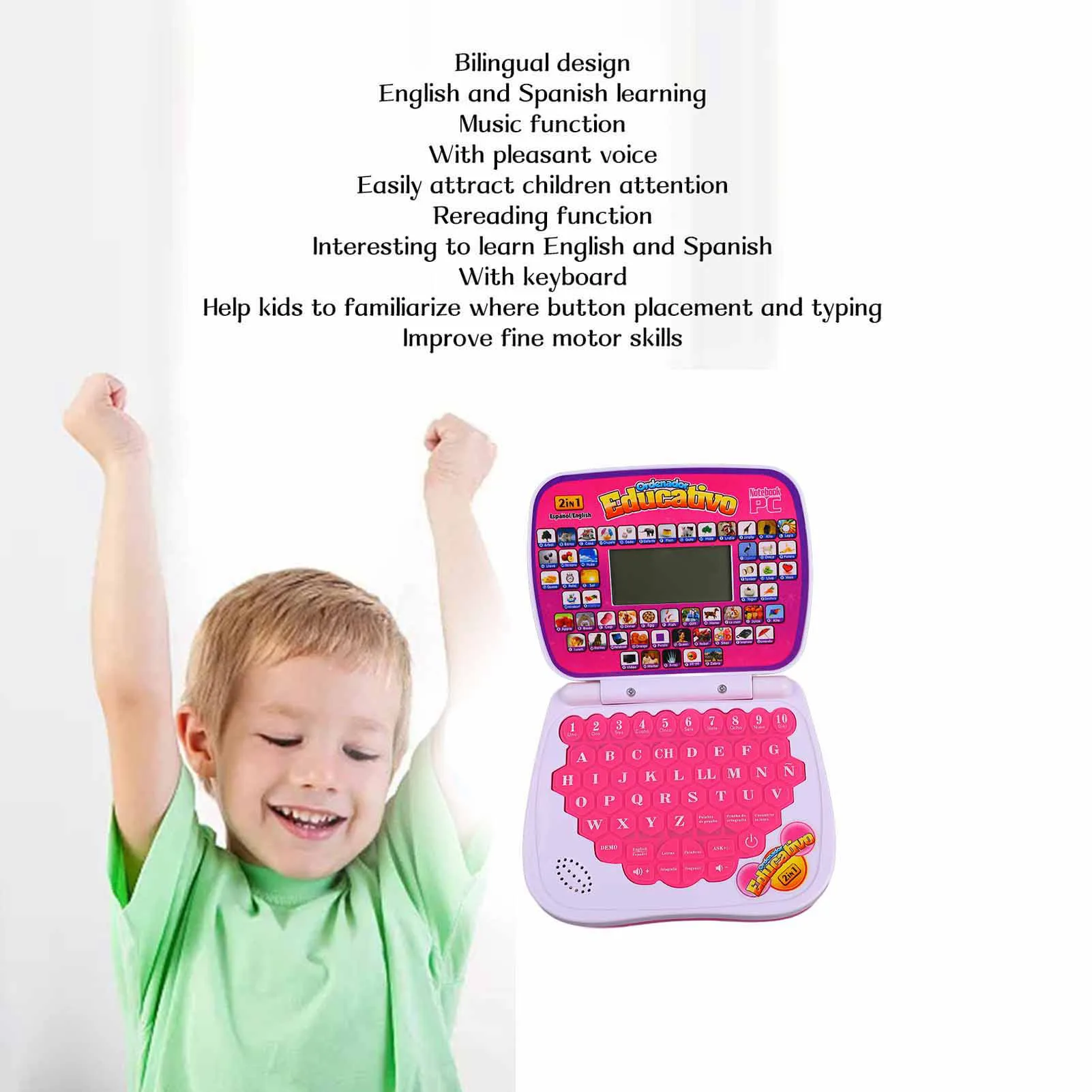 ZK30 キッズ学習マシン 英語 スペイン語 音楽機能 インタラクティブ教育ラップトップ 子供用 ピンク