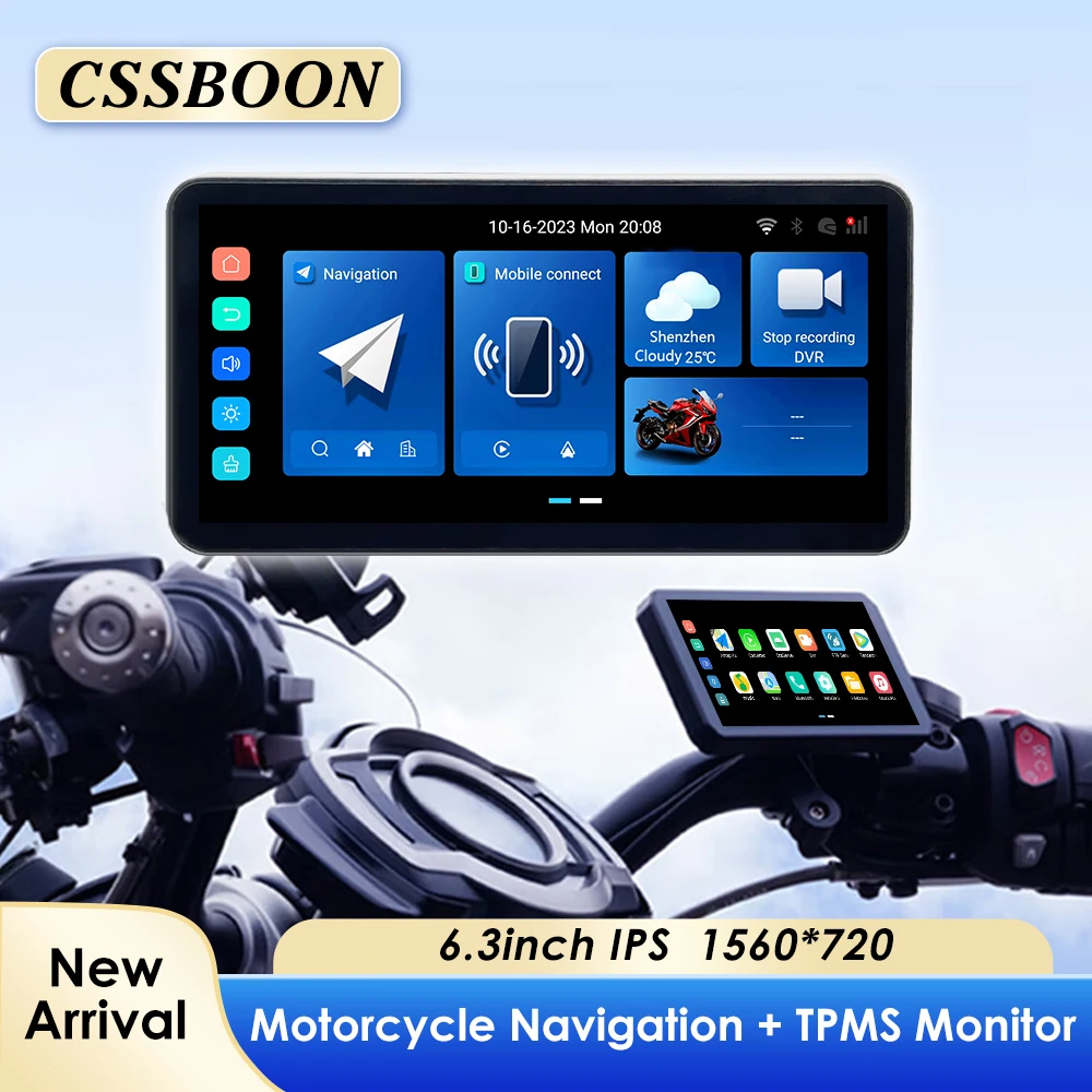 6.3inch Motorcycle Waterproof Navigation Android 12 Support Carplay Display Screen Auto Wireless TPMS Monitor With Dual Camera