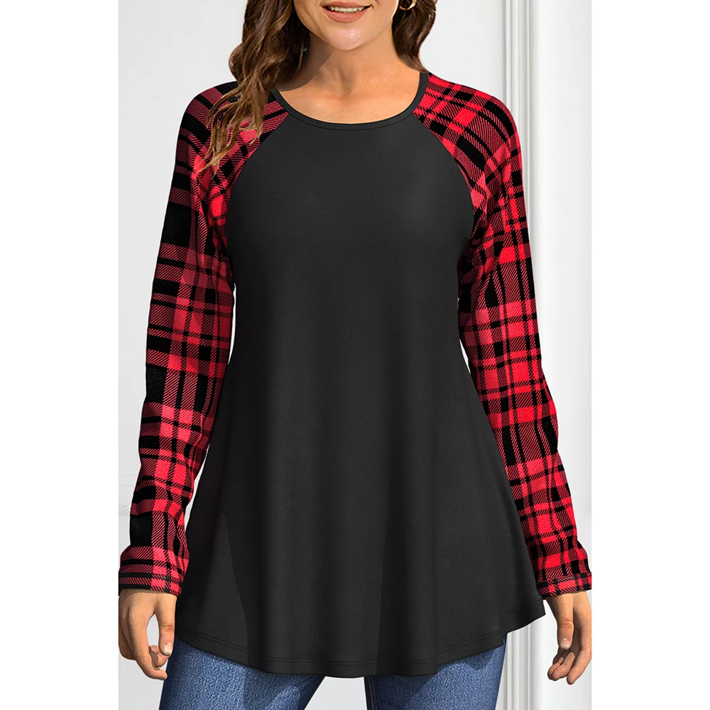 

Plus Size Christmas Black Plaid Patchwork Long Sleeve Round Neck T-Shirt