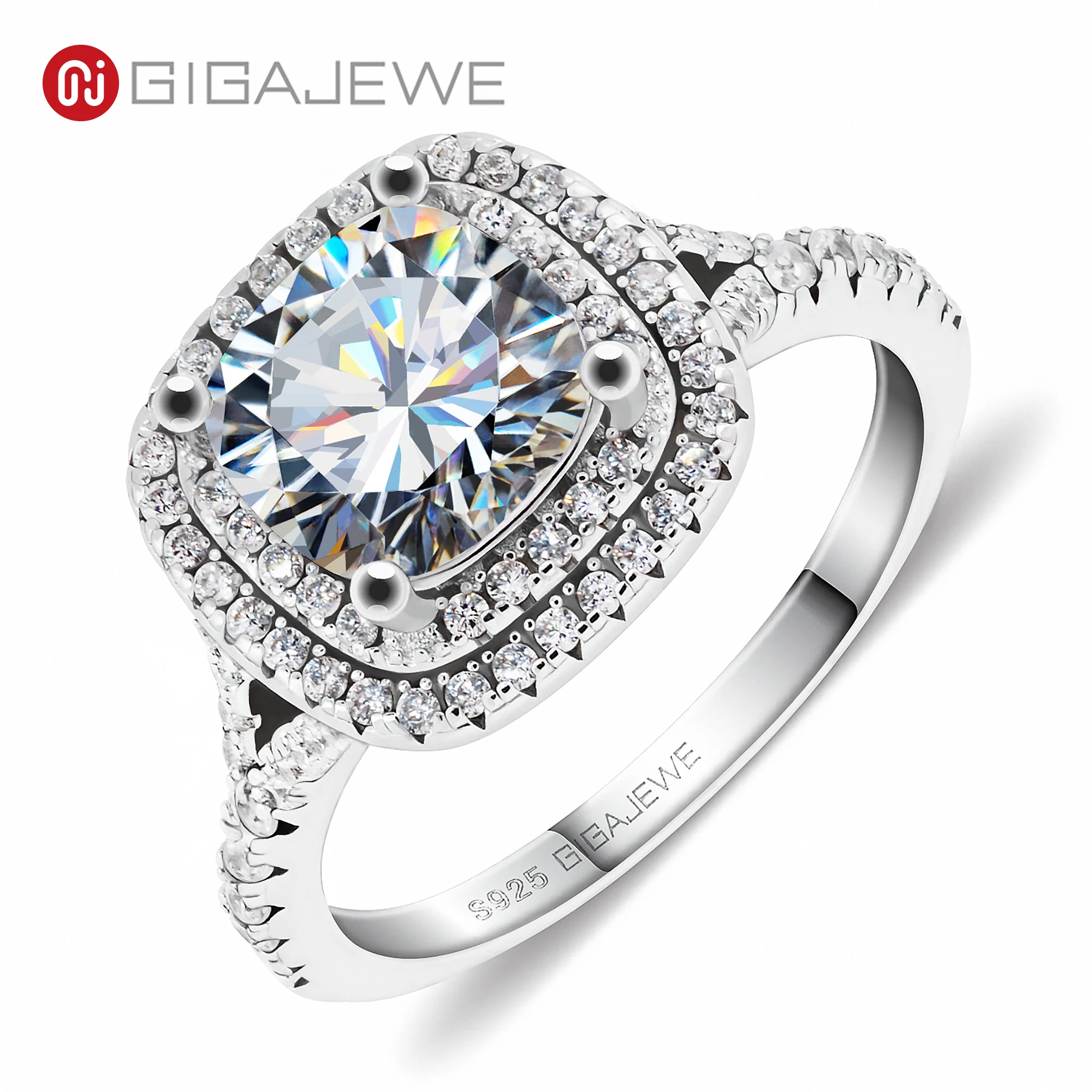 GIGAJEWE 2.5ct D Color Cushion 18K White Gold Plated 925 Silver Moissanite Gorgeous Engagement Ring Claw Setting Girl Women Gift