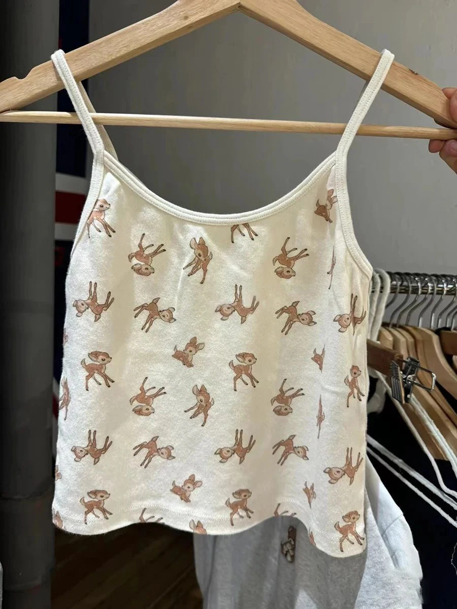 Cute Little Deer Print Slim Crop Top Women Summer New Cotton Sleeveless Cropped Camisole Harajuku Casual Sweet Tank Tops Y2k