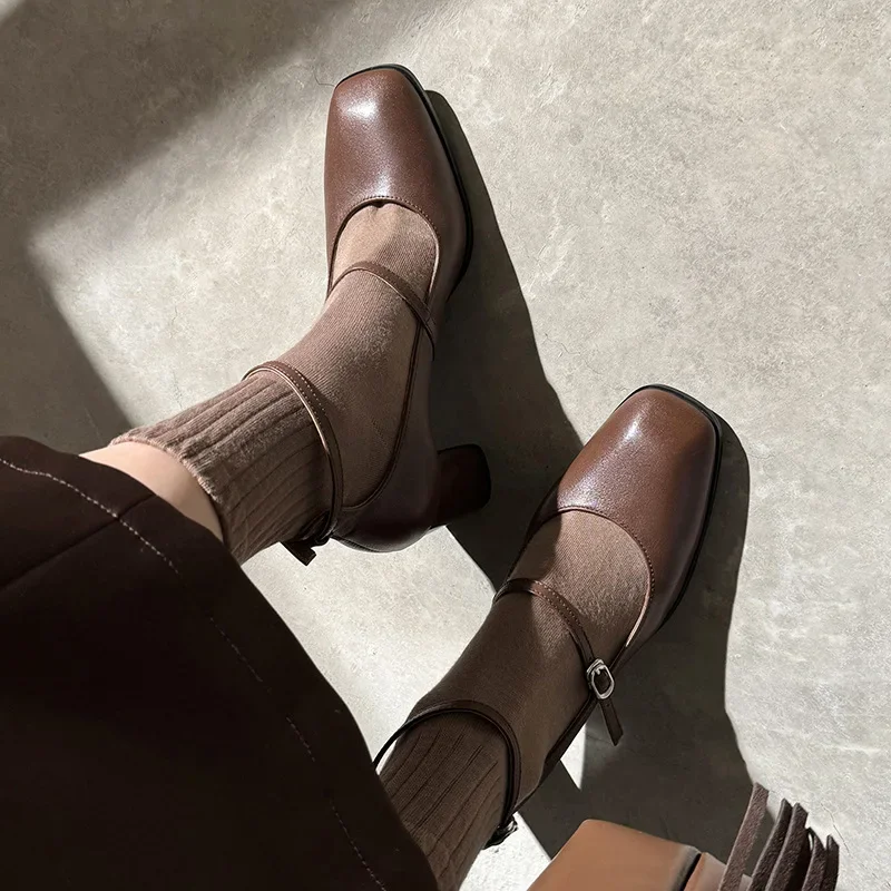 Elegant Square Toe Block Heel Strappy High Heels Everyday Leather Buckle High-Heeled Elegant Mary Jane Pumps Shallow Women Shoes