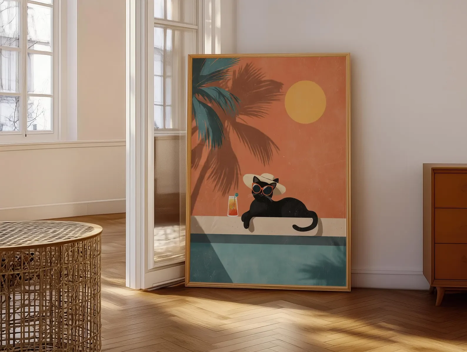 Whimsical Illustration Funny Cat Art, High‑Grade Home Decoration Artwork for Bedroom, Living Room, Office & Interior Space