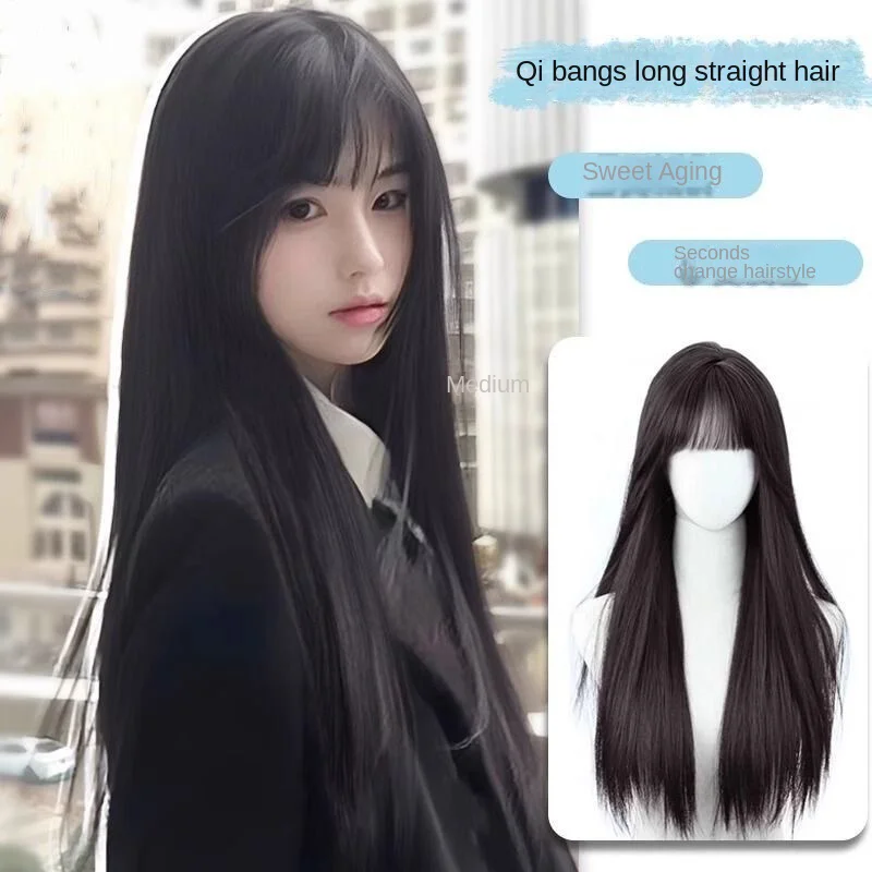 Long Black Straight Synthetic Wig Long Natural Straight Fringe Wig Women Heat-Resistant Daily Cosplay Party Use Full Head Cover