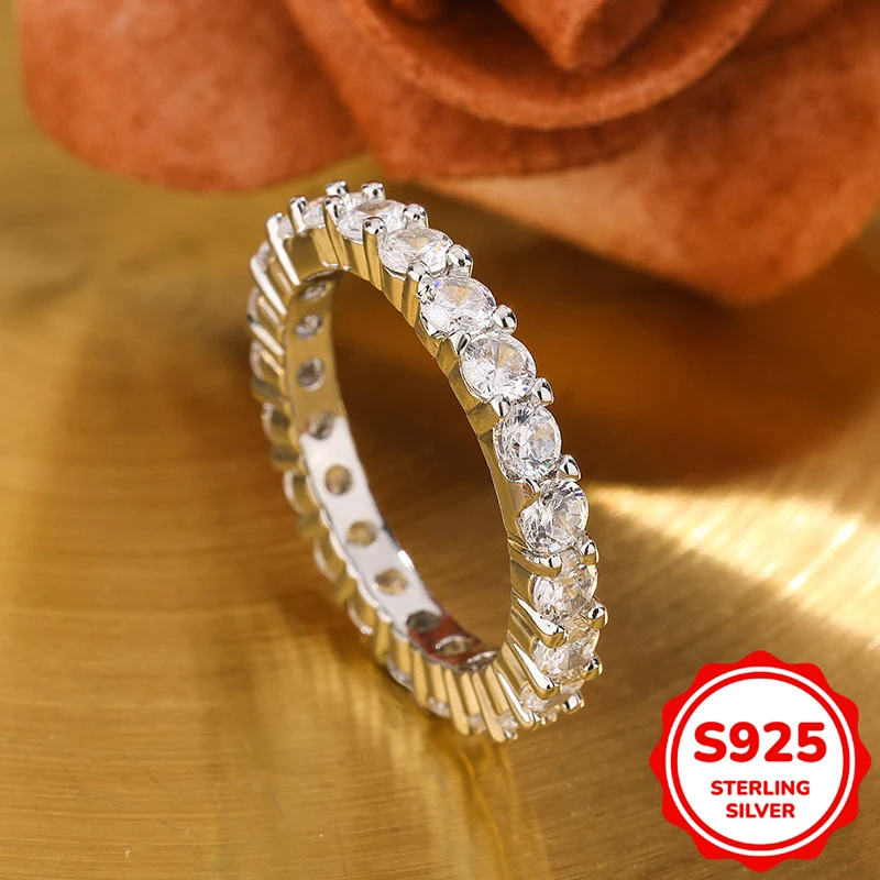 

Classic Genuine S925 Sterling Silver Four-Prong Round Synthetic Zircon Ring Women's Engagement Gift Jewelry