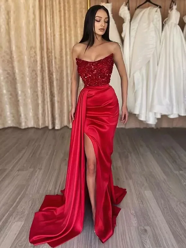 Stretchy Satin Evening Dresses Beaded Sequined Mermaid Long Strapless With Slit Scoop Neckline Party Prom Dresses for Women 2024