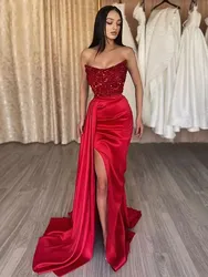 Stretchy Satin Evening Dresses Beaded Sequined Mermaid Long Strapless With Slit Scoop Neckline Party Prom Dresses for Women 2024