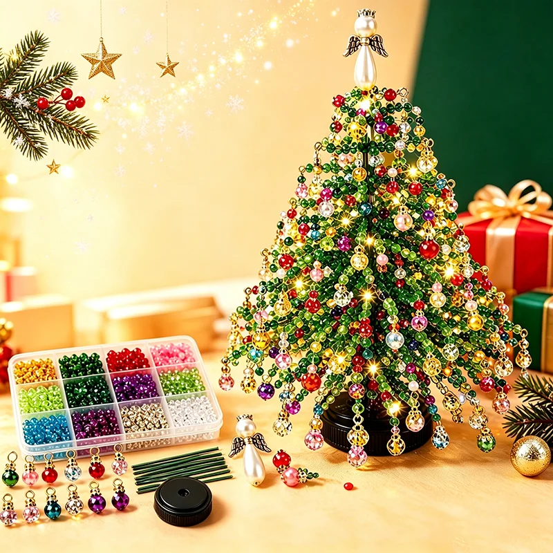 Handmade DIY Beaded Christmas Tree Making Kit Mini Crystal Bead Christmas Tree Desktop Decor Christmas DIY Craft Supplies Creati