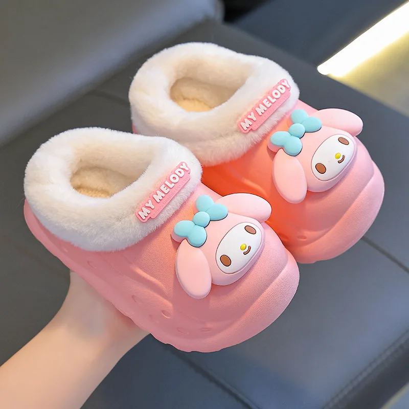 Kuromi Sanrios-Zapatillas de invierno de algodón para niños y niñas, zapatos de algodón con tacón Kawaii Plus de terciopelo a prueba de agua para padres e hijos