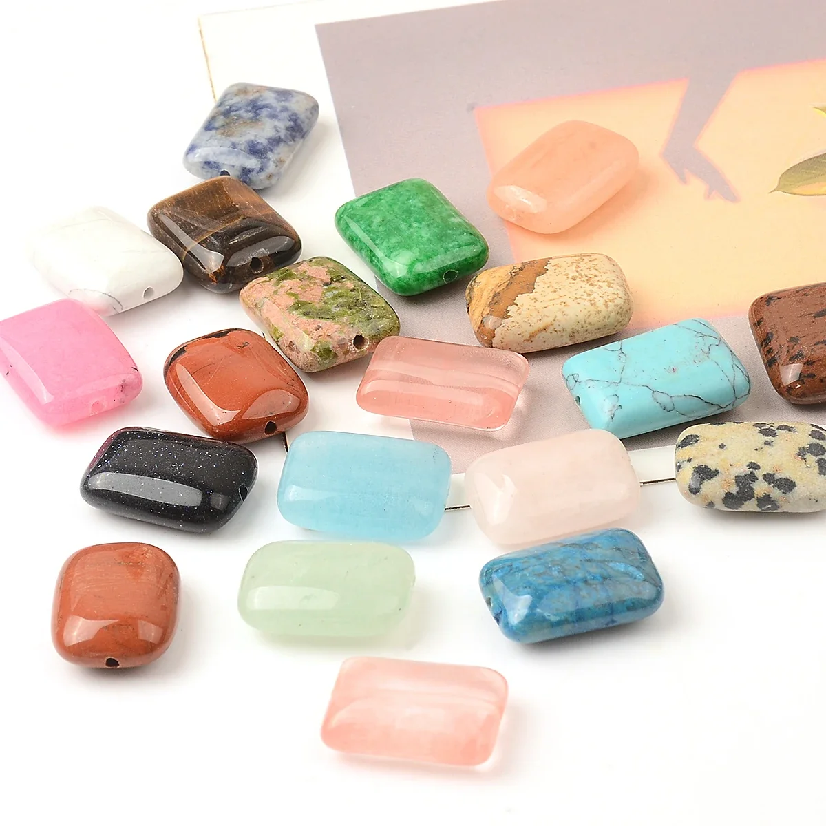 10pcs 1x1.4cm Rectangle Flat Natural Stone Beads Random Color Mix Loose Beads for Jewelry Making DIY Bracelet Accessories