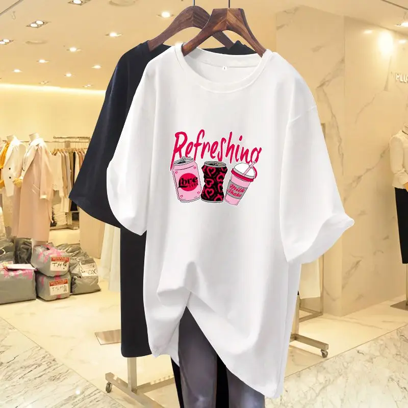 

Lady Cartoon Printed Basics Tops Summer Short Sleeve Loose O-neck Pure Cotton Casual T-shirt Women Clothing Pullover