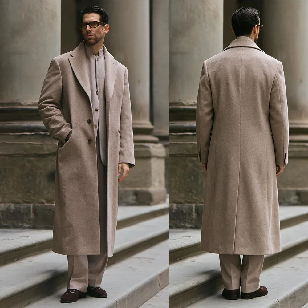 Classic Khaki Wool Long Overcoat with Notch Lapel Single Breasted Men Winter Oversized Trench Coat Outerwear Customized E2614