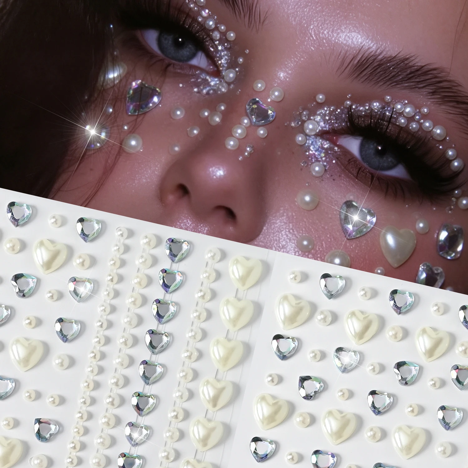 1/2Pcs White Pearl Heart Face Gem Stickers Self Adhesive Crystal Rhinestones Decals for Music Festival Party Stage Body Decor NK