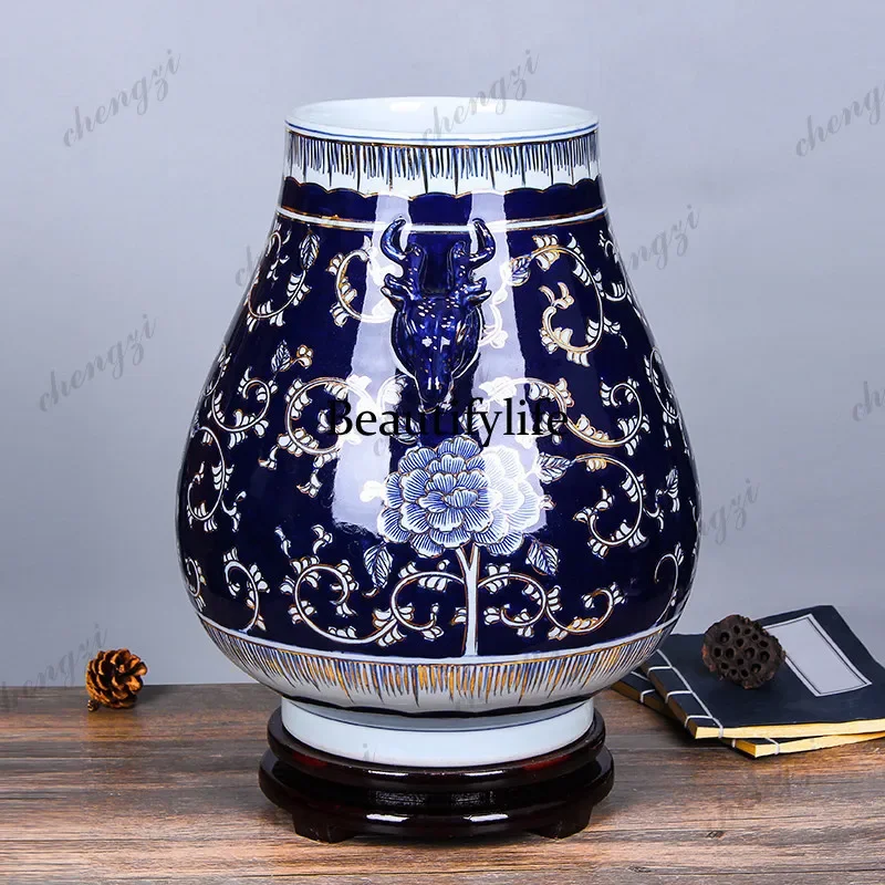 03 Jingdezhen hand-painted gold-painted blue and white binaural blessing tube ceramics vase home living room decoration ornament