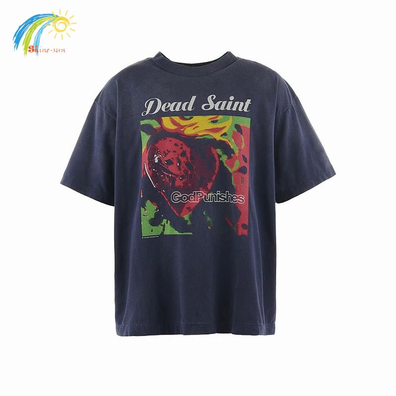 Hip Hip Red Skull Print Oversized T-Shirt Tee Men Women Vintage Washed Navy Blue Top Heavy Fabric 100% Cotton Saint T Shirt