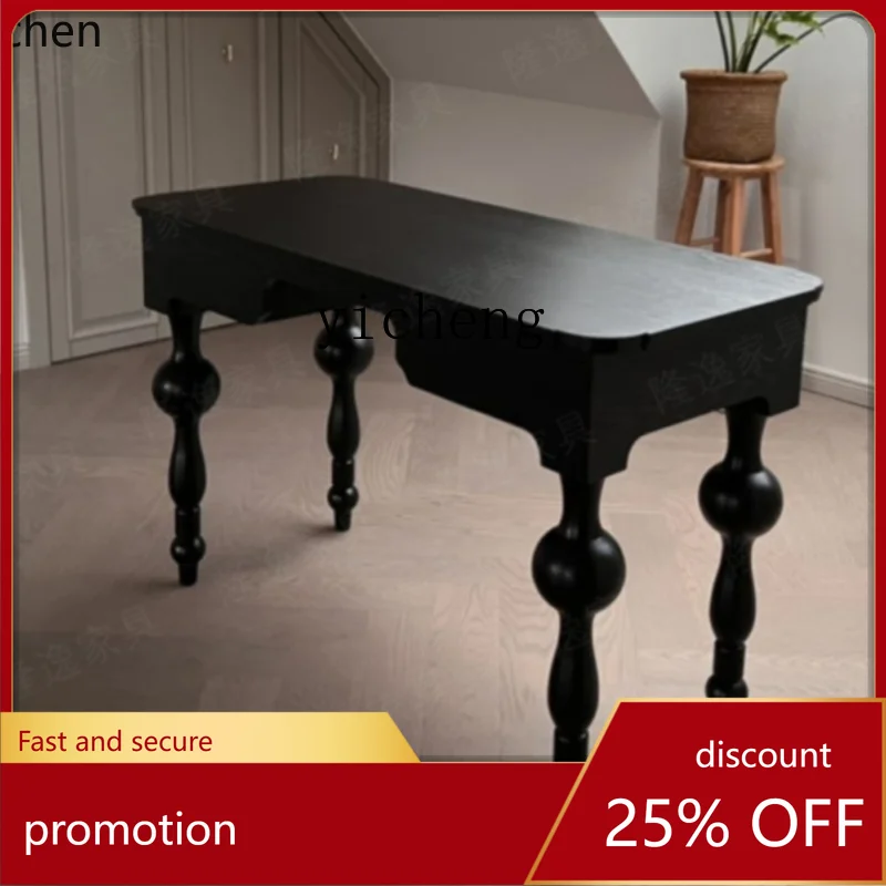 YFY Retro Solid Wood Desk Small Apartment Living Room Black Knight Simple Writing Desk Classical Storage