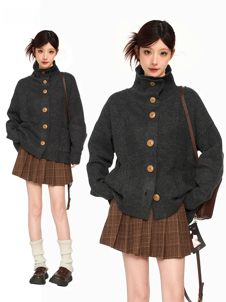 

Thiened Knitted Open Cardigan Women's Autumn Winter Loose Lazy Sle High Collar Button Sweater Outerwear IYUE