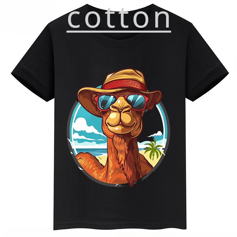 Cartoon Camel Print Baby Tee Children's Clothing Summer Kid's Short-sleeve Black Personalized Cotton T-shirts for Boys and Girls