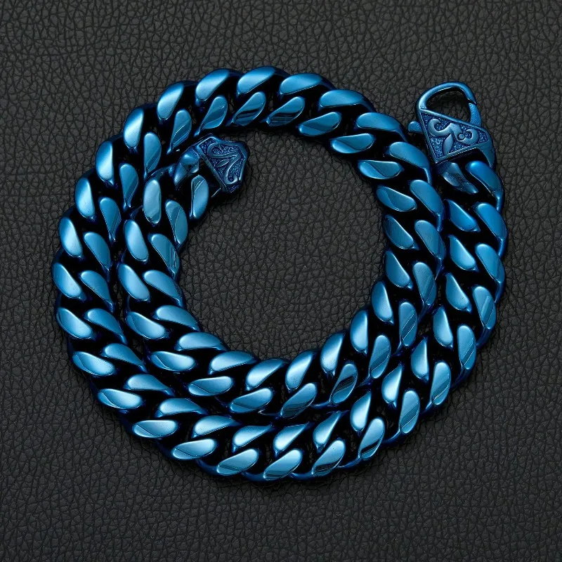 

14mm Wide Stainless Steel Plated Blue Black Cuban Chain Crypto Chain Cast Floral Buckle Bracelet for Men's Accessories