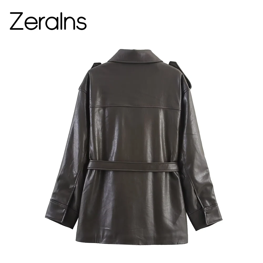 ZERAINS otoño nuevo producto mujer estilo Casual moda con cinturón textura de cuero chaqueta abrigo chaqueta de cuero