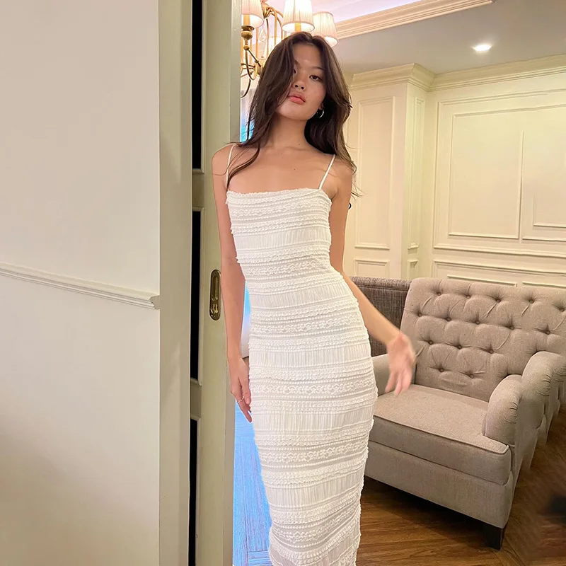 

SKMY Spring 2024 New Slim Fit Wrap Hip Long Dresses Clothes For Women Solid Color Spaghetti Strap White Dress Party Clubwear