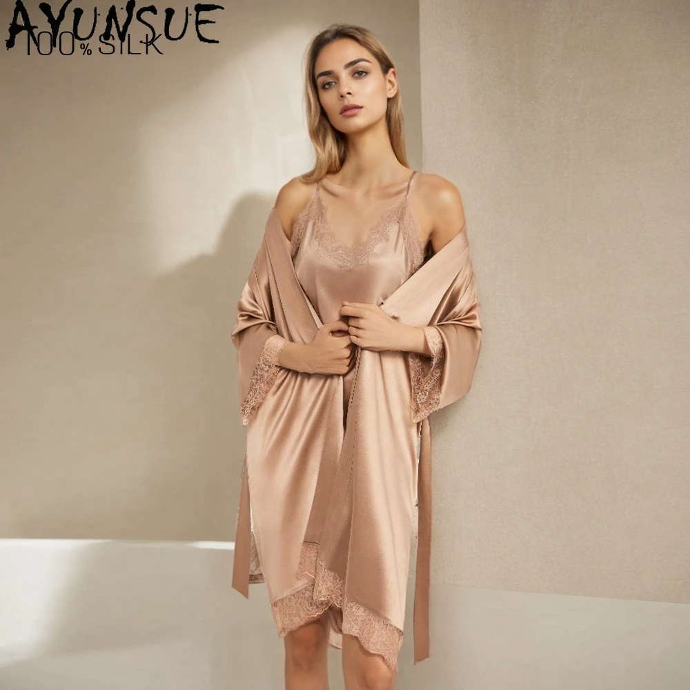 AYUNSUE 19MM 100% Real Mulberry Silk Robe Women Lace-up Elegant Pajama Spring Summer Women's Home Clothes Sexy Night Dress 잠옷