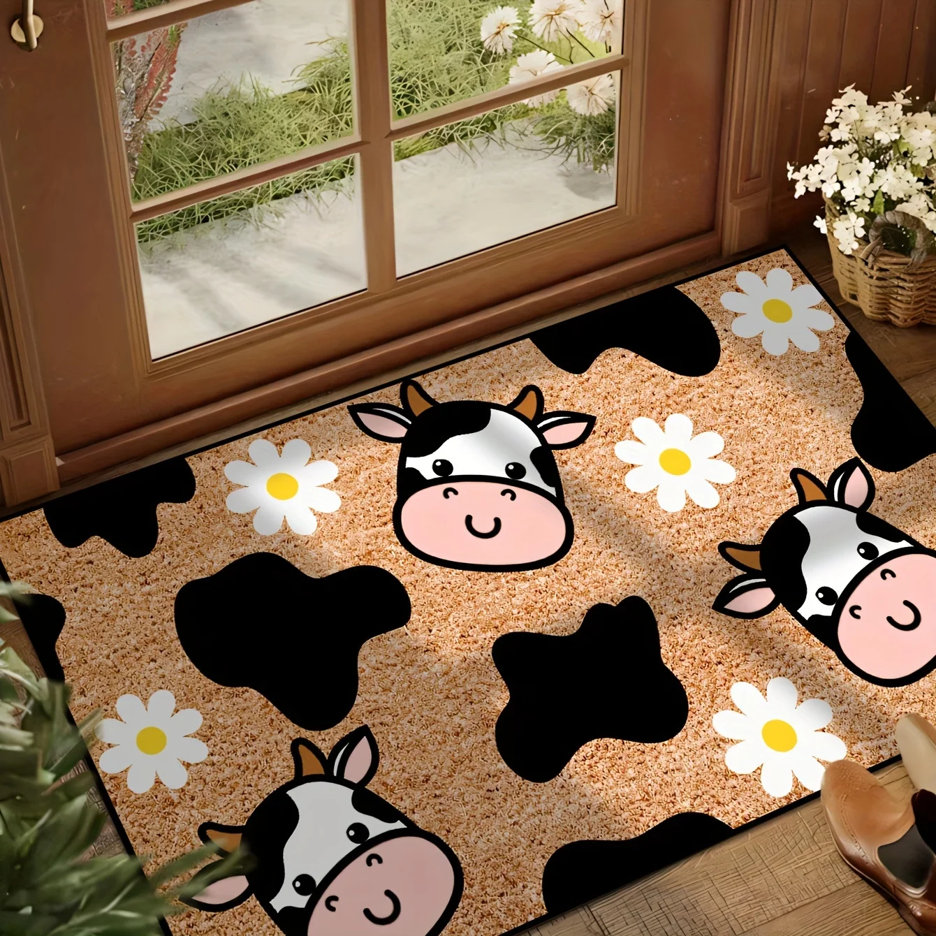 1pc Cute Cow Print - Small White Flower - Brown Background Pattern Door Mat - Cartoon Style Non-Slip Doormat - Machine Washabl