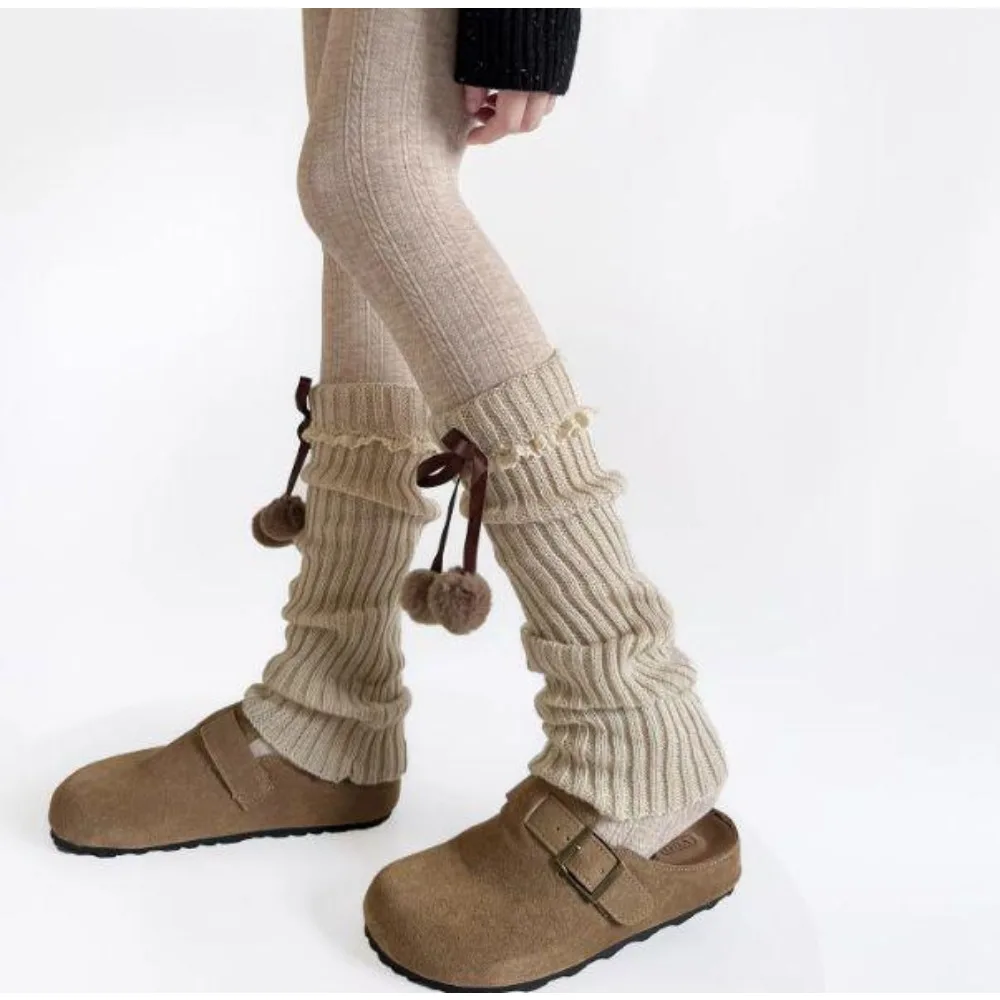 New Women's Socks Solid Color Lace Edge Plush Ball Bow Playful, Thick and Warm Autumn/Winter Knitted Lolita with Multi Colors