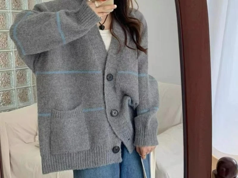 2025 레트로 패션 스트라이프 니트 가디건 스웨터 재킷 여성용 루즈핏 슬림핏 탑