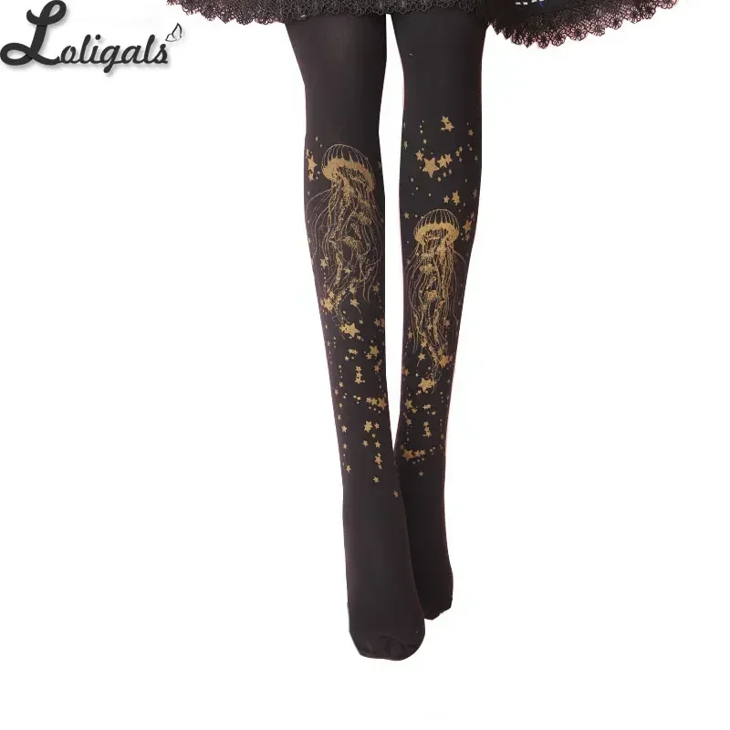 Sweet Jellyfish Printed Lolita Pantyhose Mori Girl Blue / Black Patterned Tights