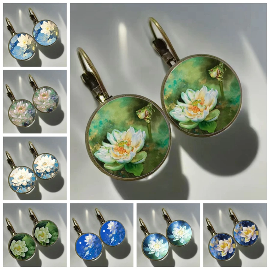 New Arrival Watercolor Lotus Earrings Ink Painting White Lotus Glass Earrings Vintage Fairy Essential Earrings