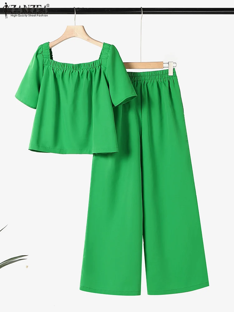 ZANZEA Frauen Kurzarm Quadrat Kragen Tops Elastische Taille Hose Sets Sommer Outfits Elegante Blumen Stickerei Zwei Stück Suts