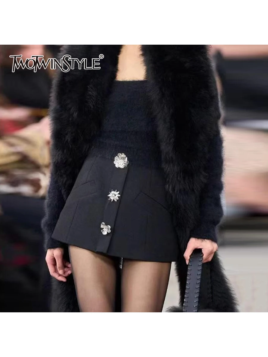 TWOTWINSTYLE Slimming Spliced Bead Fashion Mini Skirts for Women High Waist Patchwork Pockets Temperament Skirt Female Clothing