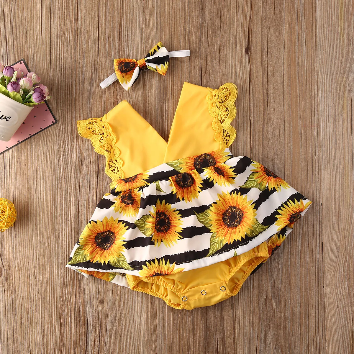 Newborn Baby Girl Clothes Lace Ruffle Sunflower Print Romper Headband 2Pcs Summer Sleeveless Outfits Sunsuit for 0-24Months