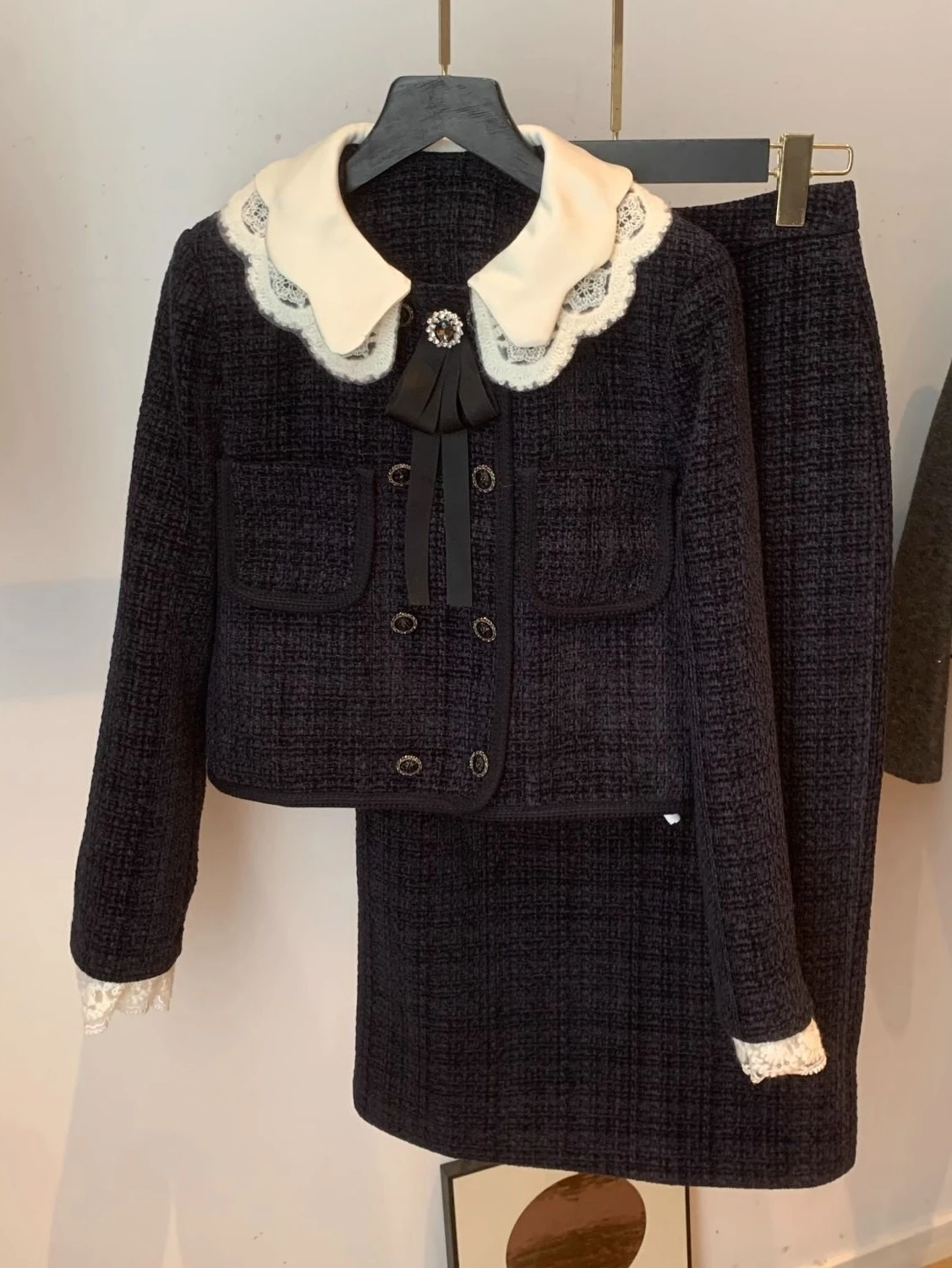 

Elegant Doll Collar Long Skirt Two-Piece Set Women's Autumn Winter Slimming High Waist A-Line Skirt Fragrance Style Ensemble